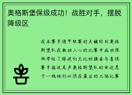 奥格斯堡保级成功！战胜对手，摆脱降级区