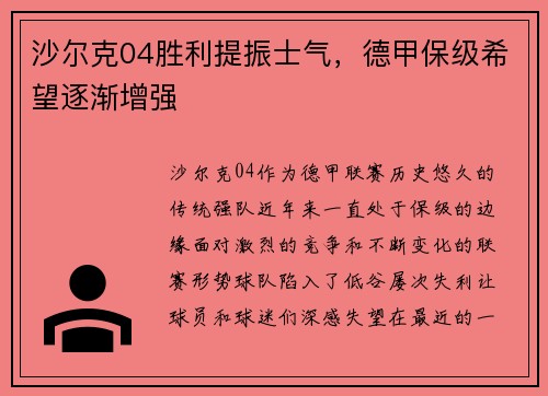 沙尔克04胜利提振士气，德甲保级希望逐渐增强