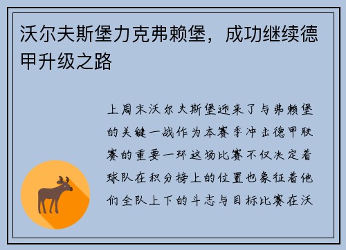 沃尔夫斯堡力克弗赖堡，成功继续德甲升级之路