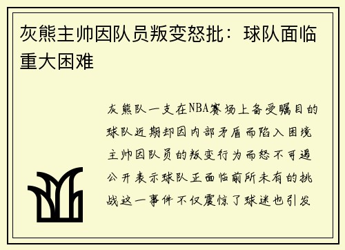 灰熊主帅因队员叛变怒批：球队面临重大困难
